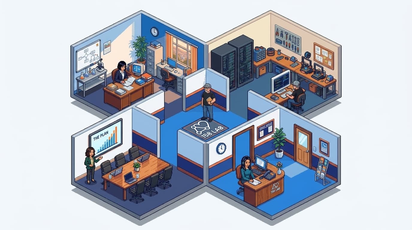 Isometric cutaway of 158 Lab HQ: the Laboratory back left, the Workshop back right, the Boardroom front left, the Front Office front right, and David in the central hub.